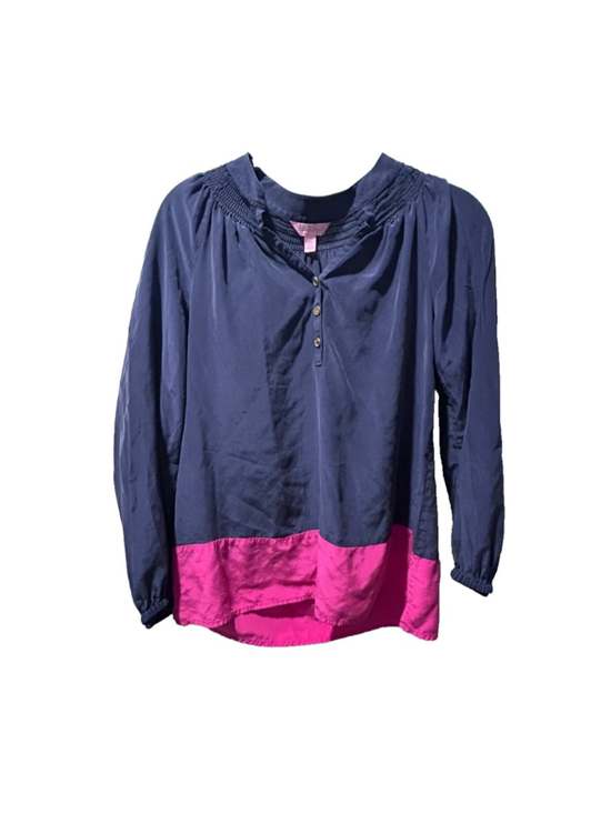 Lilly Pulitzer Tops - Lilly Pulitzer Silk Colorblock Peasant Blouse Navy Pink XS Long Sleeve Excellent